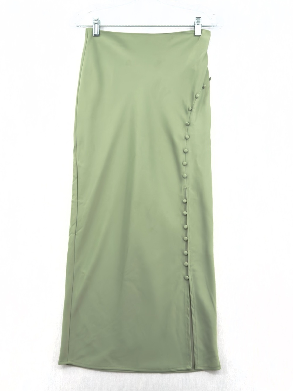 Forever 21 Light Sage Green Satin Maxi Skirt with Side Covered Buttons